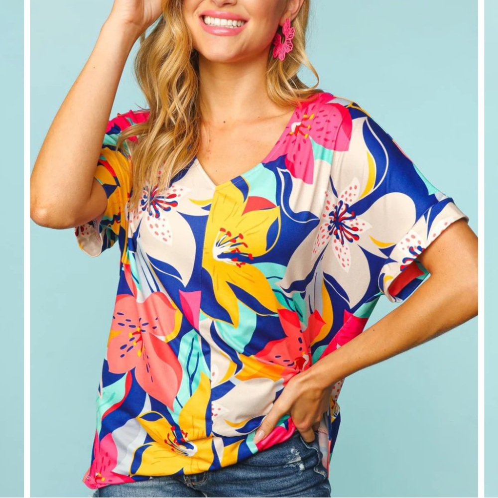 Prep Obsessed Lilly Tropical Floral Pop Drop Shoulder Top - Navy & Yellow